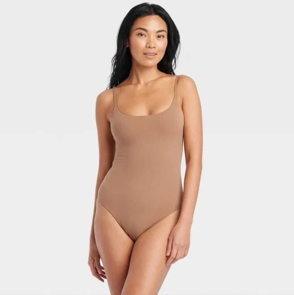 Auden Women's Brown 4-Way Stretch Cami Bodysuit Sleeveless Adjustable Straps